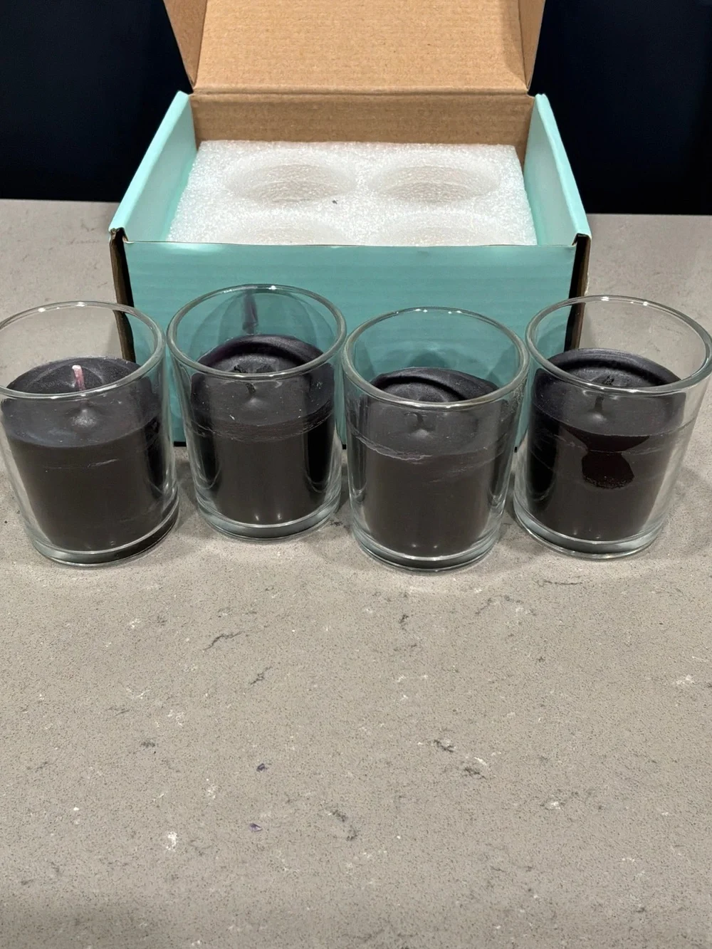 Set of Four Black Glass Votive Candle Set – with Box